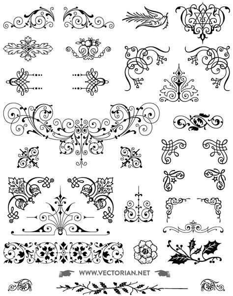 All free download 85 Free vintage ornaments vector pack. Includes swashes, decorative corners, typographic ornaments, fleurons, vignettes, text dividers, brass rules, floral decorations Vectorized by hand from genuine type foundry catalogs from the Victorian era.. More Free Vector Graphics, www.123freevectors.com Vector Ornaments, Text Dividers, Neli Quilling, Floral Decorations, Type Foundry, Free Vector Graphics, Vintage Ornaments, Arabesque, Vector Graphics