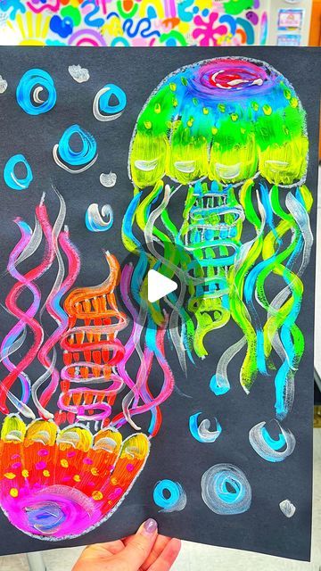 K A Y L A     K O S L O W on Instagram: "Neon black light jellies for fourth grade! They are loving this one!" Black Light Art Projects, Black Light Art Projects For Kids, Jellyfish Art For Kids, Black Light Art, Glow Projects, Art Docent, Elementary Lessons, Exhibition Ideas, Neon Black