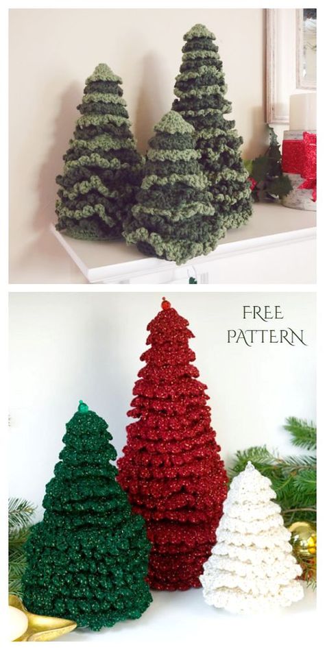 Ruffle Fir Christmas Trees Free Crochet Pattern + Video Joining Stitches, Mini Crochet Christmas, Crochet Christmas Trees Free, Crochet Christmas Trees Pattern, Christmas Crochet Patterns Free, Crocheted Christmas, Crochet Tree, Crochet Xmas, Christmas 3d