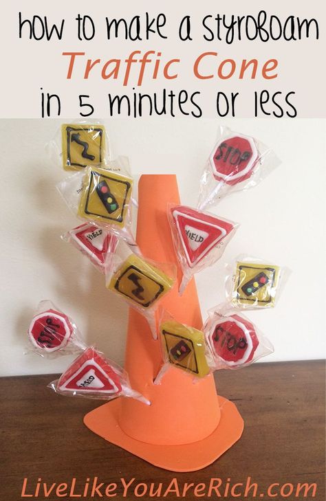 How to Make a Styrofoam traffic Cone -  love this idea! These DIY cones can be used as part of the Blaze party decorations by placing them around the party area or as a table centerpiece which doubles as a candy holder. Blaze Party Decorations, Blaze Birthday Party, Blaze Party, Blaze Birthday, Festa Hot Wheels, Hot Wheels Party, Traffic Cone, Monster Truck Party, Monster Trucks Birthday Party