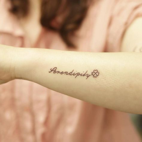 "Serendipity" lettering tattoo on forearm Serendipity Tattoo Ideas, Bts Tattoo Ideas, Serendipity Tattoo, Word English, Button Tags, Bts Tattoo, Tattoo On Forearm, Bts Tattoos, Lettering Tattoo