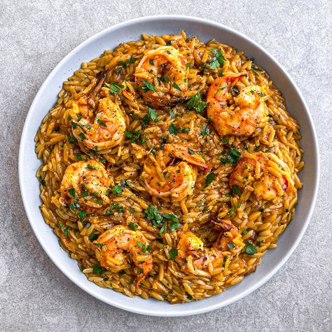 King Prawn Orzo with Tomato and Saffron - Zena's Kitchen Greek Prawn Recipes, Mediterranean Prawn Recipes, Prawn Orzo Recipes, Prawn Orzo, King Prawn Recipes, Prawn Risotto, Prawn Pasta, Saffron Recipes, Prawn Dishes