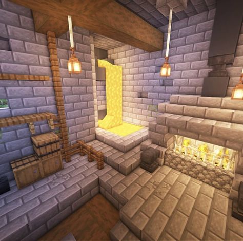 Minecraft Forge Design, Minecraft Forge Ideas, Minecraft Furnace Room, Minecraft Living Room Design, Forge Design, Minecraft Living Room, Modern Minecraft, Minecraft Decoration, Minecraft City Buildings