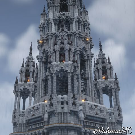 I used Vienna's City Hall Tower as the reference for this build.  Turned it into a bit of a fantasy build :) Gothic Mansion Minecraft, Evil Castle Minecraft, Gothic Architecture Minecraft, Dark Fantasy Minecraft, Dark Castle Minecraft, Minecraft Gothic Castle, Minecraft Megabase, Minecraft Gothic Builds, Minecraft Fantasy Castle