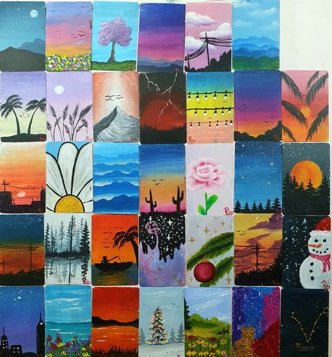 Landscape ideas to try. Landscapes with trees, silhouettes, nature scenery on deck of cards Painting Cards Deck Ideas, Painting Cards Deck, Deck Of Card Painting Ideas, Painted Cards Deck, Painting Playing Cards Ideas, Painting Cards, Card Painting, Painting Videos Tutorials, Playing Cards Art