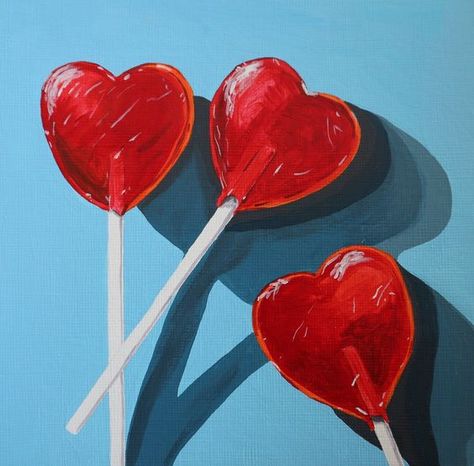 Heart Sucker Painting, Valentines Paintings On Canvas, Candy Heart Painting, Heart Shaped Painting, Valentine Paintings On Canvas, Valentines Painting Ideas, Valentines Artwork, Valentines Paintings, Heart Oil Painting