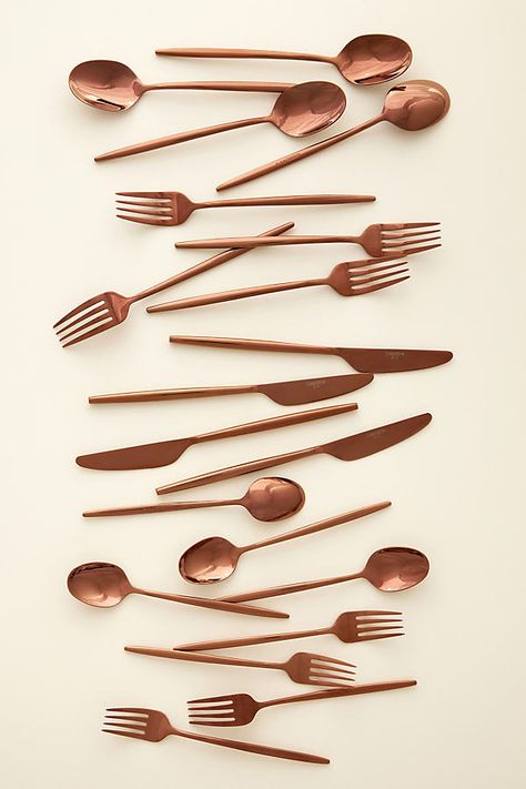 Set the table for occasion dining with this gleaming flatware set. Brass Silverware, Rustic Flatware, Copper Silverware, Copper Cutlery, Unique Flatware, Wedding Silverware, Wedding Cutlery, Copper Flatware, Modern Tablescape