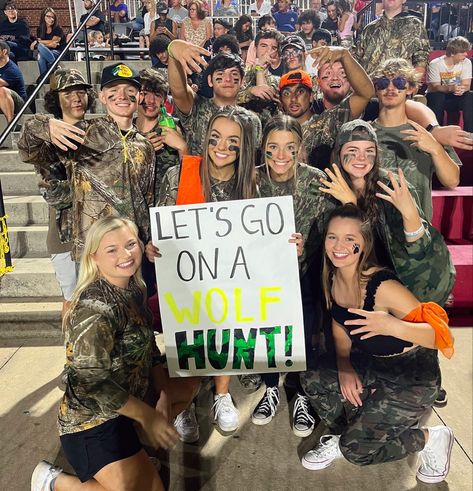 Camo Outfits For Football Games, Camouflage Football Game Theme, Color Wars Pep Rally, School Spirit Football Games, Football Dress Up Days, Camo Poster Football, Game Day High School, Camo Football Game Theme Signs, Camo Theme Football Game Signs