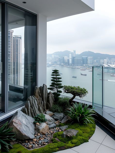 #CornerGarden #Balcony #Moss #Rocks #SmallPlants #TopFloor #HongKong #WhiteWall #GlassRailings #SeaView #Buildings #3:4 #TheCandie Small Corner Garden, Garden On Balcony, Moss Rocks, Modern Balcony Ideas, Glass Railings, Inspirational Digital Art, Modern Balcony, Bedroom Garden, Corner Garden