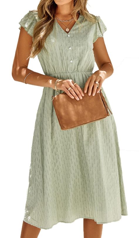 PRICES MAY VARY. FEATURES DESIGN - This women's casual summer dress features ruffled short sleeve, sexy v neck, button up, high waist, solid color, A line, mini dress, flowy dress, swing dress, midi sundress and casual beach sundress. MATCH TIPS - You can wear the dress singly and pair it well with earrings, wide-brim hat, high heels/flats/boots etc, that's will be very pretty!! You can wear a flat or walk barefoot on the beach, it would be a beautiful scenery. OCCASIONS - The summer sundress is Loose Summer Dress, Buttoned Dress, Picture Style, Short Sleeve Pattern, Mid Length Skirts, Weave Style, Butterfly Sleeves, Women's Boutique, Midi Dress With Sleeves