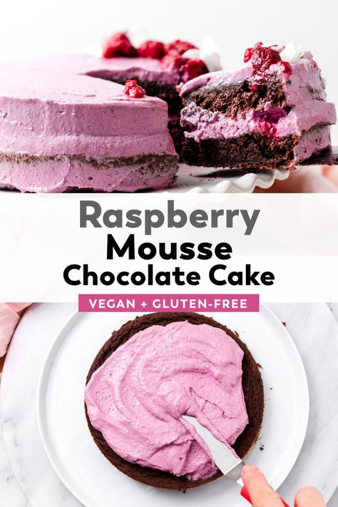 Dairy Free Chocolate Raspberry Cake, Vegan Raspberry Mousse, Gluten Free Chocolate Raspberry Cake, Soy Free Cake, Mousse Chocolate Cake, Raspberry Ganache, Mousse Chocolate, Chocolate Cake Recipe Moist, Vegan Baking Recipes