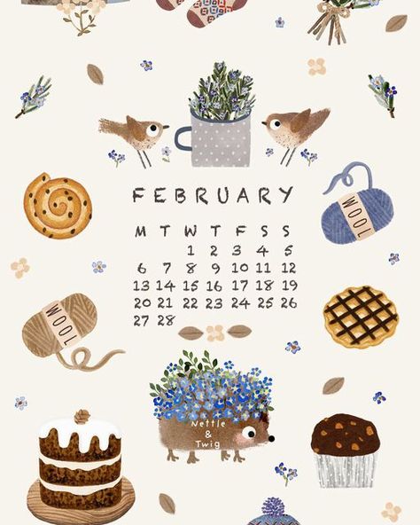 Maddi Pearn on Instagram: "Good morning everyone 🦔 February wallpaper is here 🍂 hop over to my story to grab yours 🐇 Hope you have a lovely February with lots of cosy happy days 🌦️ and cake 🧁 while we wait for spring to arrive 🌱 February stickers are now available in my little shop 🥳 the link is in my bio 🥰 Have a cosy day everyone 🦔🍂🌦️🧁🌱🥰 #februarywallpaper #february2023 #februarycalendar #februaryvibes #cosyfebruary #staycosy #staycozy #illustration #illustrationartists #nettlean February Illustration, January Illustration, Spring Stickers, February Stickers, Calendar Illustration Ideas, Calender February 2024, Calender 2024 February, January Illustration Calendar, Illustrated Calendar