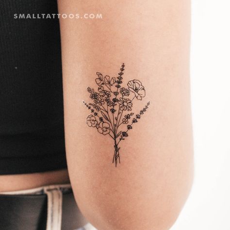 Flower bouquet temporary tattoo. Set of three. Size: 2.5 in / 6.4 cm (height) Fine Line Tattoo Birth Flower, Dainty Flower Bouquet Tattoo, Mexico Tattoo For Women, Flower Tattoo Bouquet, Fine Line Flower Bouquet Tattoo, Bee And Flower Tattoo, Wild Flower Tattoo, October Birth Flower Tattoo, Petunia Tattoo