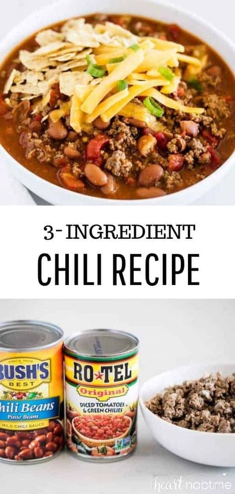 Easy 3-Ingredient Chili - The most simple chili recipe that's made in 30 minutes or less! Thick, hearty and perfect for fall. #chili #chilirecipe #soup #souprecipeseasy #souprecipe #soups #easysoup #easy #easyrecipe #easydinner #fall #fallrecipes #recipes #iheartnaptime 5 Ingredient Chili Recipe, 5 Ingredient Chili, Chili Meals, Quick Chili, Chili Recipe Crockpot, Chili Recipe Easy, Cooking For Beginners, Dinner For Two, Chili Recipe