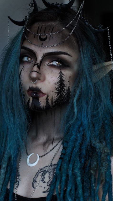 Elegant Gothic Makeup, Dark Forest Makeup, Viking Faerie, Nyx Goddess Makeup, Forest Fae Makeup, Earth Witch Makeup, Dead Fairy Makeup, Dark Elven Makeup, Baphomet Makeup