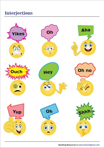 Interjection Chart Interjections Activities, Interjections Anchor Chart, Interjections Worksheet, Email Reply, Toddler Speech, Parts Of Speech Activities, Learn English Speaking, Express Emotions, Advanced English Vocabulary