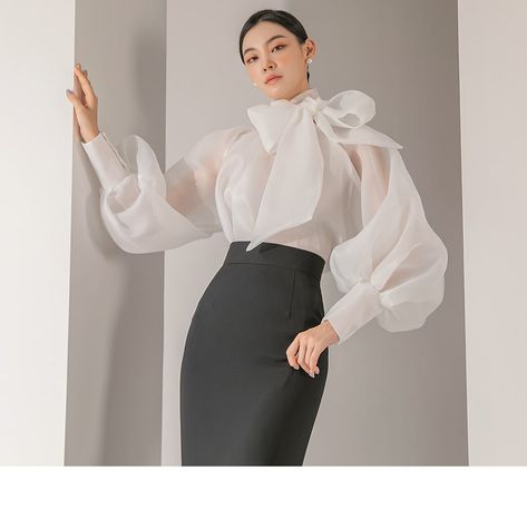 B9115 Organza See-through Scarf blouse | TOPS for Women | Korean Luxury Clothing Brand – DINT Tops For Women Korean, Korean Clothing Brands, Scarf Blouse, Commuter Style, Luxury Clothing Brands, Top Korean, Blouse Casual Fashion, Laced Up Shirt, Chic Shirts