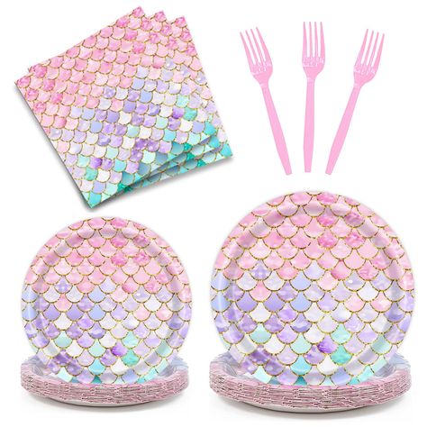 PRICES MAY VARY. 【Mermaid Party Supplies Serves 24】: This birthday party supplies set including 24 plates (9inch), 24 plates (7inch), 24 napkins (6.5inch) and 24 Forks, Serves 24 guests, the sufficient quantity to meet your party use and replacement needs. 【Premium Materials】: Our Mermaid Party Supplies dinnerware set made of thickened quality paper and plastic, no smell, safe and durable, will not easily fold, teared or broken when carrying food. Prefect for desserts, party food 【Convenient Mer Mermaid Plates, Hawaii Themed Party, Party Cutlery, Mermaid Party Supplies, Mermaid Birthday Party Decorations, Mermaid Theme Birthday Party, Ocean Theme Party, Birthday Accessories, Mermaid Party Decorations