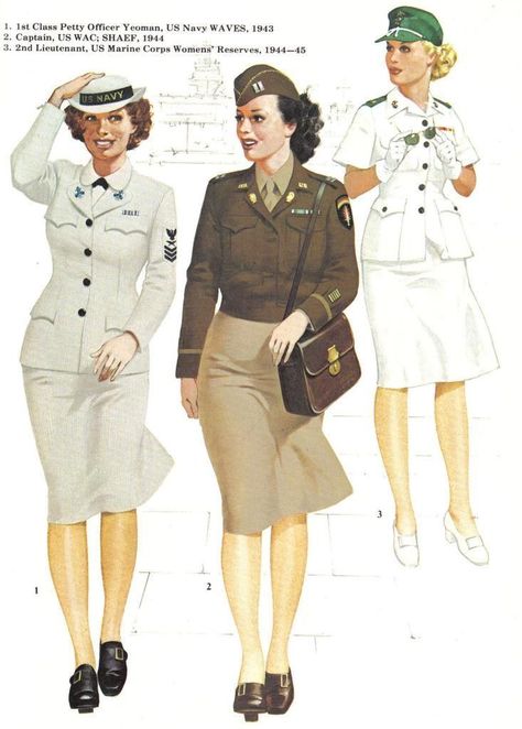 1-Navy Wave 2-Army WAC 3-2nd Lieutenant Marine Women's Reserve Corp Women In Uniforms, Wwii Women Uniform, Marines Uniform, Women's Military Uniform, Ww2 Women, Wwii Women, 1940s Women, Wwii Uniforms, Ww2 Uniforms