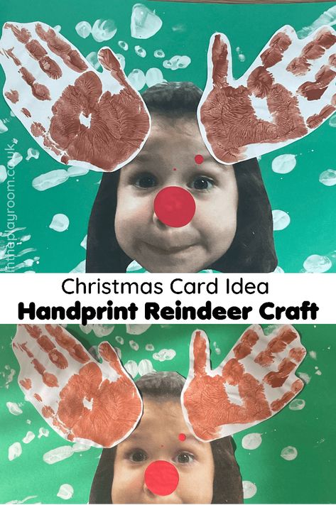 Reighndeer Crafts For Kids, Reindeer Craft Toddler, Reindeer Crafts For Kids Hand Prints, Christmas Crafts Nursery, Christmas Craft Daycare, Reindeer Craft With Picture, R Is For Reindeer Craft, Christmas Card Craft Preschool, Handprint Reindeer Crafts For Kids