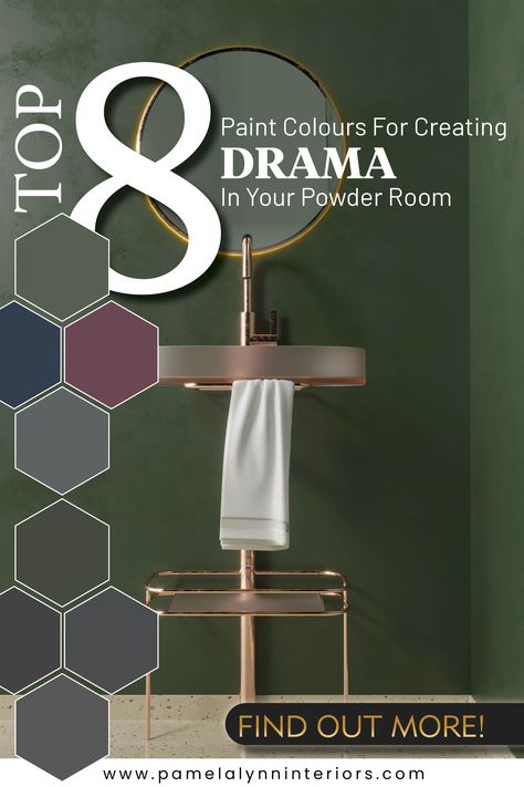 Create drama in your powder room with paint! Designer shares her top 8 dark paint colours to transform your powder room. Bathroom Paint Colors Bold, Dark Color Powder Room, Dark Powder Room Paint Colors, Green Paint Powder Room, Dark Paint Powder Room, Moody Powder Room Paint Colors, Powder Room Color Scheme Ideas, Dark Paint Bathroom, Powder Room Paint Ideas