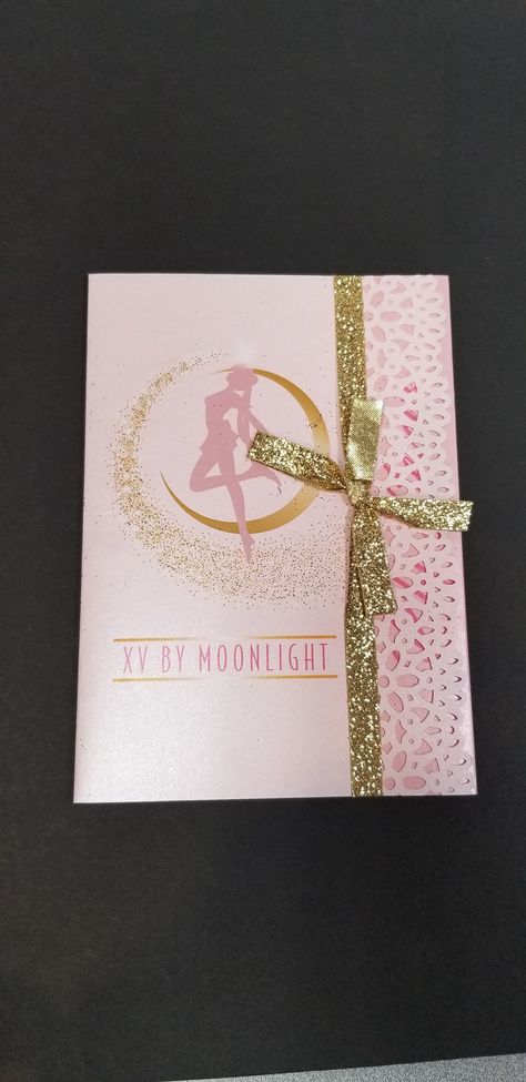 A complete custom invitation to our daughter's Quinceanera celebration. From graphic design, die cuts, envelopes, to the final touch of the gold ribbon. These were exactly what my daughter wanted. A part of her inner child with the touch of elegance she much wanted. High end patella papers were used along with matching envelopes.  Less formal invitations were created for her school friends without taking away the glamour. Sailor Moon Quinceanera Theme, Sailor Moon Quinceanera, Sailor Moon Birthday Invitations, Sailor Moon Invitations, Moon Quince, Kawaii Wedding, Sailor Moon Party, Sailor Moon Birthday, Sailor Moon Wedding