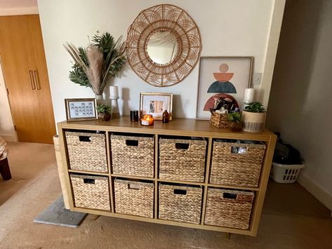 Oak Kallax Ikea, Kallax Oak Effect, Two Kallax Together, Kallax Baskets, Kallax Entryway, Kallax Oak, Room Decor Amazon Finds, Cubby Makeover, Kallax Ideas