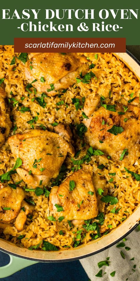 This one pot chicken and rice dinner recipe is made with real ingredients in a dutch oven or cast iron skillet. A delicious dinner the whole family will love! Dutch Oven Chicken And Rice Recipes, Dutch Oven Stove Top Recipes, Quick Dutch Oven Recipes, Chicken Thighs Dutch Oven, Dutch Oven Chicken And Rice, Braiser Recipes, Oven Chicken And Rice, Dutch Oven Chicken Thighs, Dutch Oven Chicken Breast