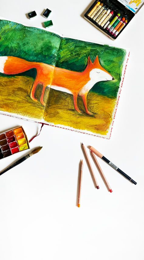 A sketchbook with a cute fox illustration. Around the sketchbook there are color pencils, paintbrushes, watercolor and oil pastels laying around. Pastel Sketchbook, Oil Pastel Illustration, Pastel Illustration, Oil Pastel Colours, Tombow Markers, Fox Drawing, Fox Illustration, Oil Pastel Art, Color Pencils