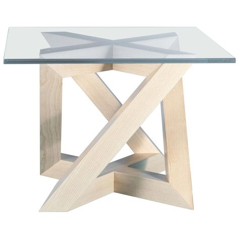 Glass Table With Wood Base, Wood And Glass Side Tables, Glass Top Table Wood Base, Small Square Glass Table, Tables Design, Glass Top End Tables, Glass Top Side Table, Wood Ash, Square Crystal