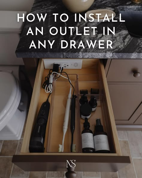 How to hide cords and chargers in a bathroom vanity with a hidden electrical outlet. #ad Learn how to easily install an in-drawer outlet. The Docking Drawer Blade outlet can be used in a bathroom, kitchen, mudroom, or any drawer to help drawer organization. #dockingdrawerpartner #smartorganization #draweroutlet #hiddenoutlet #vanityoutlet #vanityhack Vanity With Electrical Outlet, Electric Toothbrush Storage Drawer, Hair Appliance Drawer, Outlets In Bathroom Drawer, Outlet In Drawer Bathroom, Hide Electric Toothbrush On Counter, Bathroom Vanity Outlets, Docking Drawer Bathroom, Bathroom Drawer With Electrical Outlet