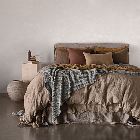 Impressionists' Palette | Hale Mercantile Co. Brown And Gray Bed, Cozy Colour Palette, Bedding Colour Scheme, Bed Linen Styling, Owners Bedroom, Mix And Match Furniture, Linen Bedding Styling, Cozy Clutter, Bedding Luxury