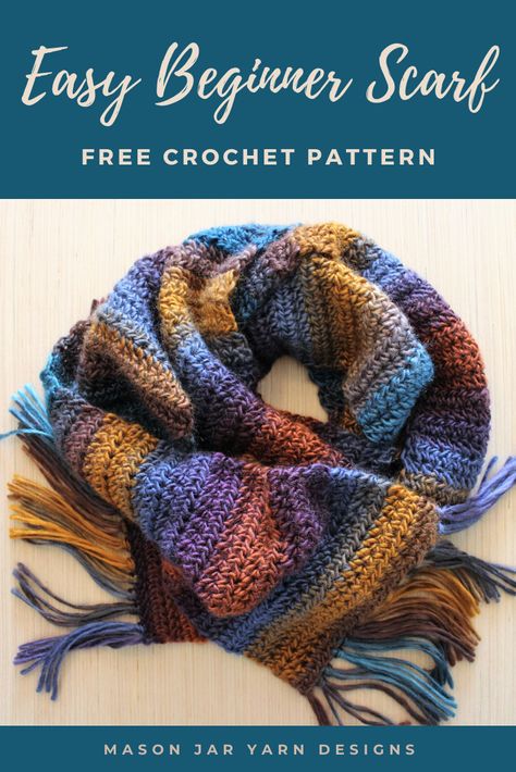 An easy beginner friendly crochet scarf that works up quickly featuring a simple repeating stitch, using autumn-inspired colors with a fun fringe detail. Multicolor Crochet Scarf Pattern, Rainbow Crochet Scarf Pattern, Ombre Scarf Crochet Pattern, Crochet Scarfs For Women Winter, Simple Scarf Crochet Pattern Free, Free Crochet Scarf Pattern, Crochet Scarves Free Patterns Easy, Scarf Patterns Crochet, Crafty Presents