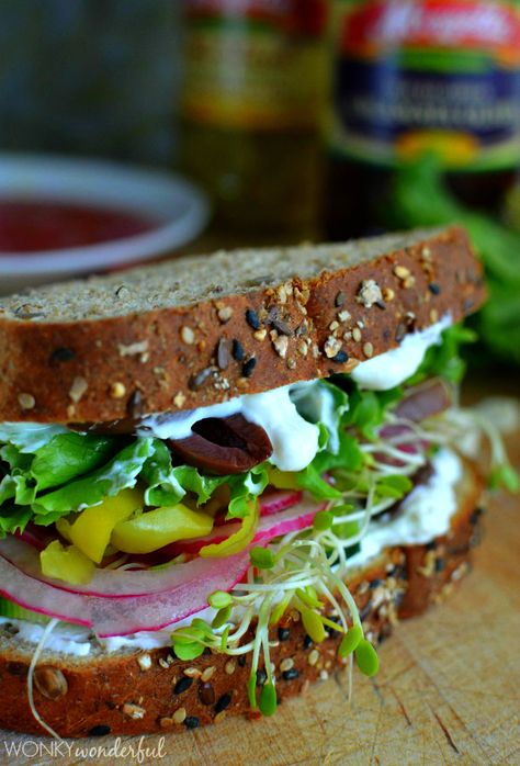 GREEK-INSPIRED SANDWICH [Greece, Modern] [wonkywonderful] Feta Spread, Greek Vegetables, Healthy Vegetarian Lunch, Vegetable Sandwich, Creamy Feta, Vegetarian Recipes Lunch, Vegetarian Sandwich, Veggie Sandwich, Healthy Sandwiches