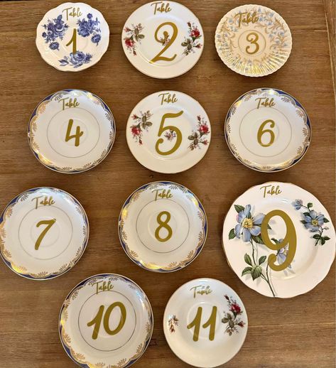 Wedding table numbers - vintage plates with gold accents Vintage Table Numbers, Painted Plates, Vintage Plates, Wedding Table Numbers, Table Numbers, Gold Accents, Wedding Table, Gold