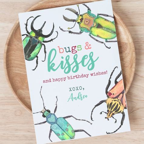 Watercolor Beetles Bugs and Kisses Birthday Card Bug Birthday Card, Bugs And Kisses, Birthday Kiss, Lunch Notes, Greeting Card Inspiration, Birthday Party Design, Vibrant Watercolor, Beetle Bug, Toddler Birthday