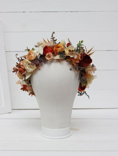 Orange Ivory Rust Terracotta Flower Crown Wedding Headpiece Bridal Hairpiece Bridesmaid Crown Maternity Crown - Etsy Autumnal Flower Crown, Fall Bridal Flower Crown, Terracotta Flower Crown, Autumn Wedding Hair Flowers, Autumn Wedding Flower Crown, Autumnal Flowers Wedding, Small Autumn Wedding, Boho Flower Crown Wedding, Big Flower Crown