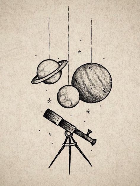 Space And Planets Drawing, Galileo Tattoo Ideas, Miracle Drawing, Telescope Drawing, Space Sketches, Planet Sketch, Planet Drawing, Stippling Art, Space Drawings