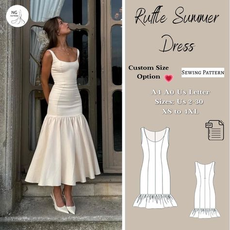 Ruffle Summer Dress sewing pattern in PDF format, offering various size options. Size options include US Sizes from 2 to 30 and Standard Sizes from XS to 4XL, suitable for A4, A0, and US Letter size papers. Upon payment processing, receive automatic download links for the pattern files. Note that this is a digital product, not a finished item; you will receive zip files comprising both patterns and sewing instructions. Don't hesitate to contact me with any questions or concerns! Happy Sewing! :) Classy Dress Sewing Patterns, Easy Fit And Flare Dress Pattern, Structured Dress Pattern, Low Waist Dress Pattern, Halter Dress Sewing Pattern Free, Evening Dress Patterns Sewing, Prom Dresses Sewing Patterns, Summer Outfits Sewing Patterns, Dress Sew Pattern