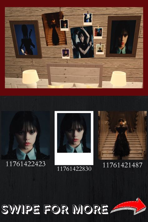 if you can't get enough of wednesday, might as well add her to your bloxburg game!! enjoy these wednesday addams decals c: i had fun compiling them! FEEL FREE TO REQUEST! #roblox #bloxburg #bloxburgwednesday #bloxburgdecals #decals #wednesday #wednesdayaddams #jennaortega Jenna Ortega Poster, Decals For Bloxburg, Roblox Image Id Codes, Wednesday Addams Jenna, Wednesday Addams Jenna Ortega, Picture Codes, Berry Codes, Roblox Decals, School Decal