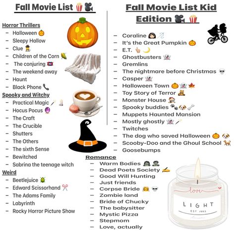 Ultimate Fall Movie List, Fall Movies And Shows List, Halloween Movies To Watch With Boyfriend, Halloween Must Do List, Fall Halloween Movie List, Fall Movies Checklist, Cozy Autumn Movie List, Disney Halloween Watch List, Things To Watch During Fall