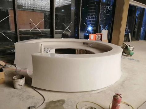 Round corian reception desk Rounded Reception Desk Design, Curvy Reception Desk, Round Reception Desk, Circular Reception Desk, Round Reception Desks, Lobby Desks, Info Desk, Salon Reception Desk, Reception Desk Design