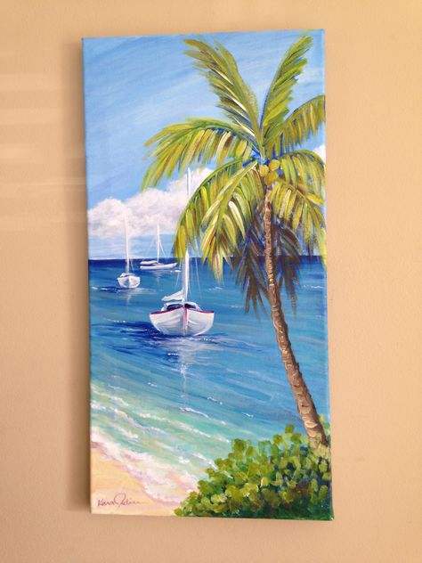 Caribbean Landscape Painting, Glass Painting Acrylic Paint, Beach Paintings On Canvas Acrylics, Garden Canvas Painting, Acrylic Glass Painting Ideas, Caribbean Paintings, Calming Paintings, Canvas Painting Beach, Beach Paintings On Canvas