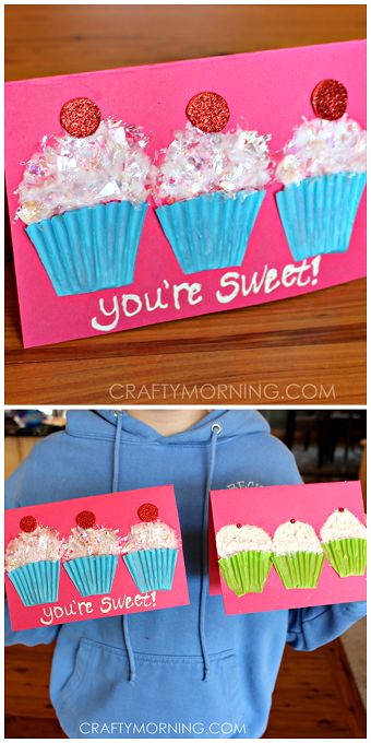 Cupcake liner valentines craft/card for kids to make! "You're Sweet!" | CraftyMorning.com Cupcake Liner Crafts, Cupcake Crafts, Valentine Card Crafts, February Crafts, Preschool Valentines, Valentine Crafts For Kids, Craft Card, Valentine Projects, Daycare Crafts