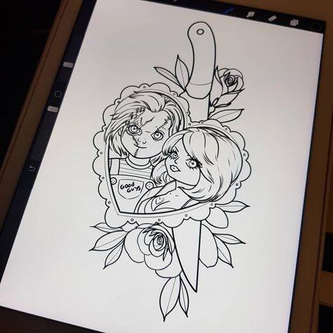 Chucky Tattoos, Tiffany Tattoo, Spooky Couple, Tiffany Bride Of Chucky, Tiffany Chucky Bride, Tiffany Chucky, Chucky Bride, Gothic Stickers, Chucky Tattoo