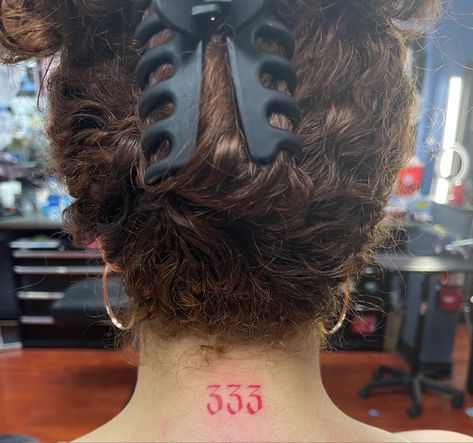 Tattoo 333 Tattoo Red Ink, Red Back Of Neck Tattoo, Angel Number Tattoo Back Of Neck, 333 Tattoo On Wrist, Back Of Neck Number Tattoo, 333 Tattoo Neck, Neck Tattoo Angel Number, 333 Tattoo Finger, 444 Tattoo Back Of Neck