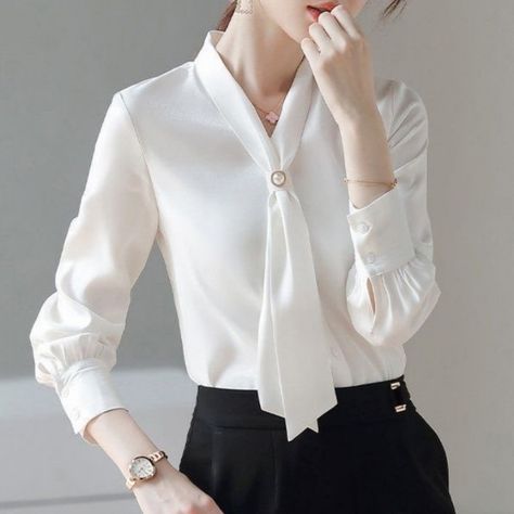 Tie Collar, Bow Tie Collar, Dress Stores Online, Collar Top, 가을 패션, Pullover Designs, Cheap Fashion, Collar Blouse, Work Fashion