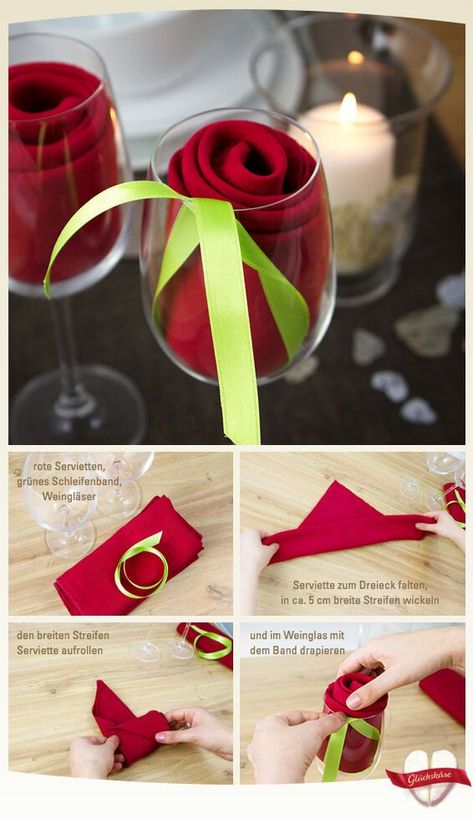 Öffne täglich den Glückskäse, lass Dich inspirieren & gewinne tolle Preise! Mehr Hiasan Perkahwinan, Saint Valentin Diy, Creative Napkins, Tafel Decor, Simple Rose, Napkin Folding, Rose Decor, Valentine's Day Diy, Table Napkins