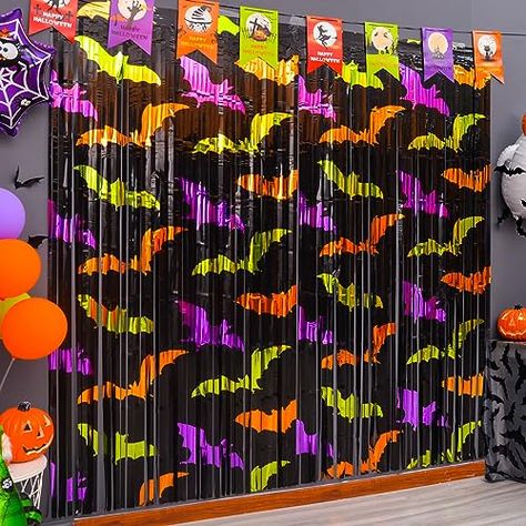 Mega-L Halloween Party Decorations 2 Pack Green Orange Purple Bat Pattern Photo Booth Props, 3.3 X 6.6 ft Halloween Foil Fringe Curtains, Halloween Photo Backdrop Streamers Halloween Party Supplies Backdrop Streamers, Halloween Streamers, Halloween Party Backdrop, Halloween Fotos, Halloween Party Photo, Fringe Curtains, Halloween Decorations For Kids, Streamer Backdrop, Party Photo Backdrop