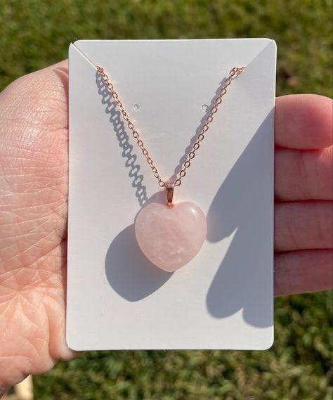 "-Beautiful genuine heart rose quartz necklace!<3 -Rose Quartz Healing Properties: This beautiful pink gemstone represents universal & unconditional love. It opens up the heart to love, self-love, peace, inner healing, and friendship. -Free mystery crystal & stickers with every purchase :) -Carry around a little extra \"love\" with you everywhere you go :) -Wear your crystal with confidence! -Chain material information: -16\" Silver snake chain: silver plated -18\" Silver cable chain: high quali Crystal Necklace Rose, Heart Rose Quartz, Rose Quartz Healing, Crystal Stickers, Crystal Aesthetic, Pink Things, Heart Rose, Quartz Crystal Necklace, Inner Healing